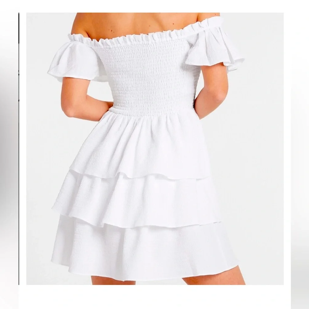 EXPRESS White colored Off the Shoulder Ruffle Tiered Dress, Size L NWT - Picture 8 of 13